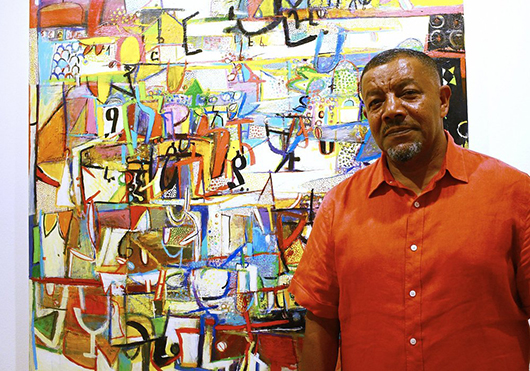 Ethiopian painter Wosene Kosrof, whose first London solo exhibition in 10 years opened at the Gallery of African Art in Cork Street on July 25. Image courtesy the Gallery of African Art.